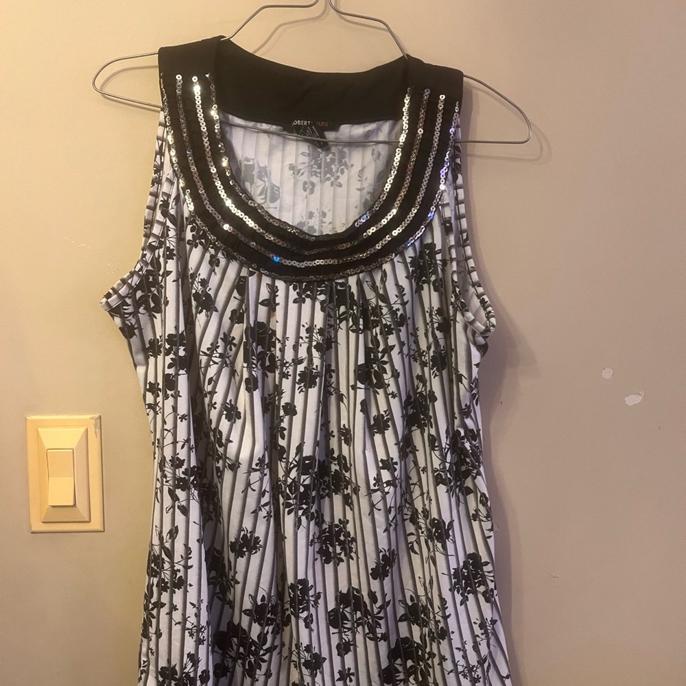 Robert Louis Black & White Floral Stripe Sequin Collar Tank